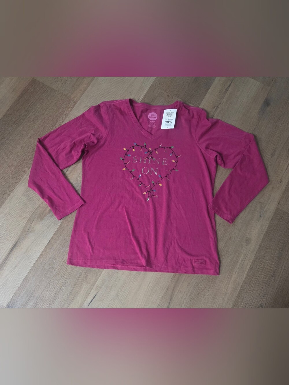 NWT Life is Good Crusher LS Tee Shine On String Light Heart V-Neck Pink Large 1K